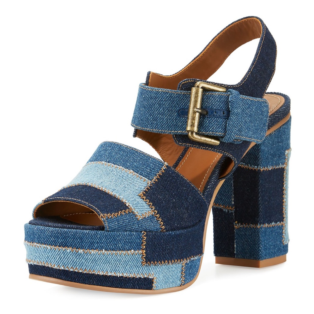 See by Chloé Denim Patchwork Block Heel Platform Sandal Navy/Light Blue